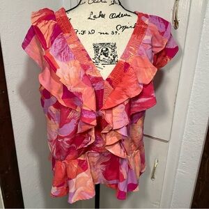 sofia by sofia vergara Pink Coral & Lavender Ruffle V-Neck Blouse